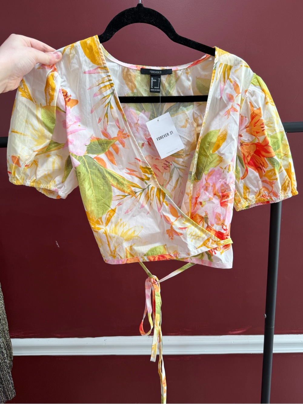 Forever 21 Tropical Floral Wrap Crop Top - White, Pink & Green Puff Sleeves